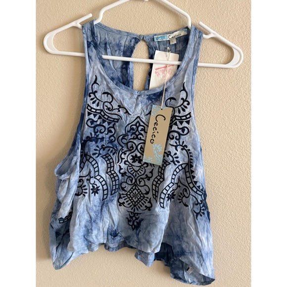 Cecico Tops - Cecico Women Blue Tie Dye Embroidered Sleeveless Boho Tank Top Size L 2PB400